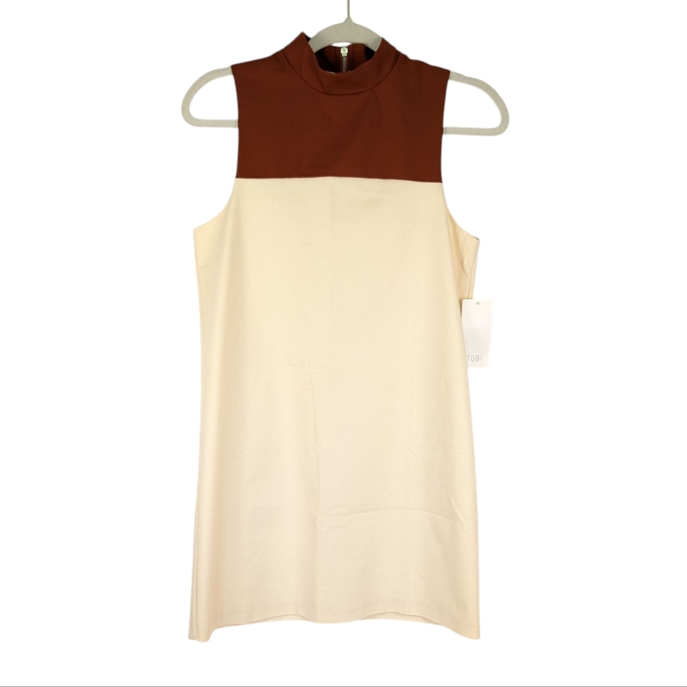 TOBI Sleeveless Mini Dress Tan Brown Colorblock Mock Neck Shift Dress – Women S